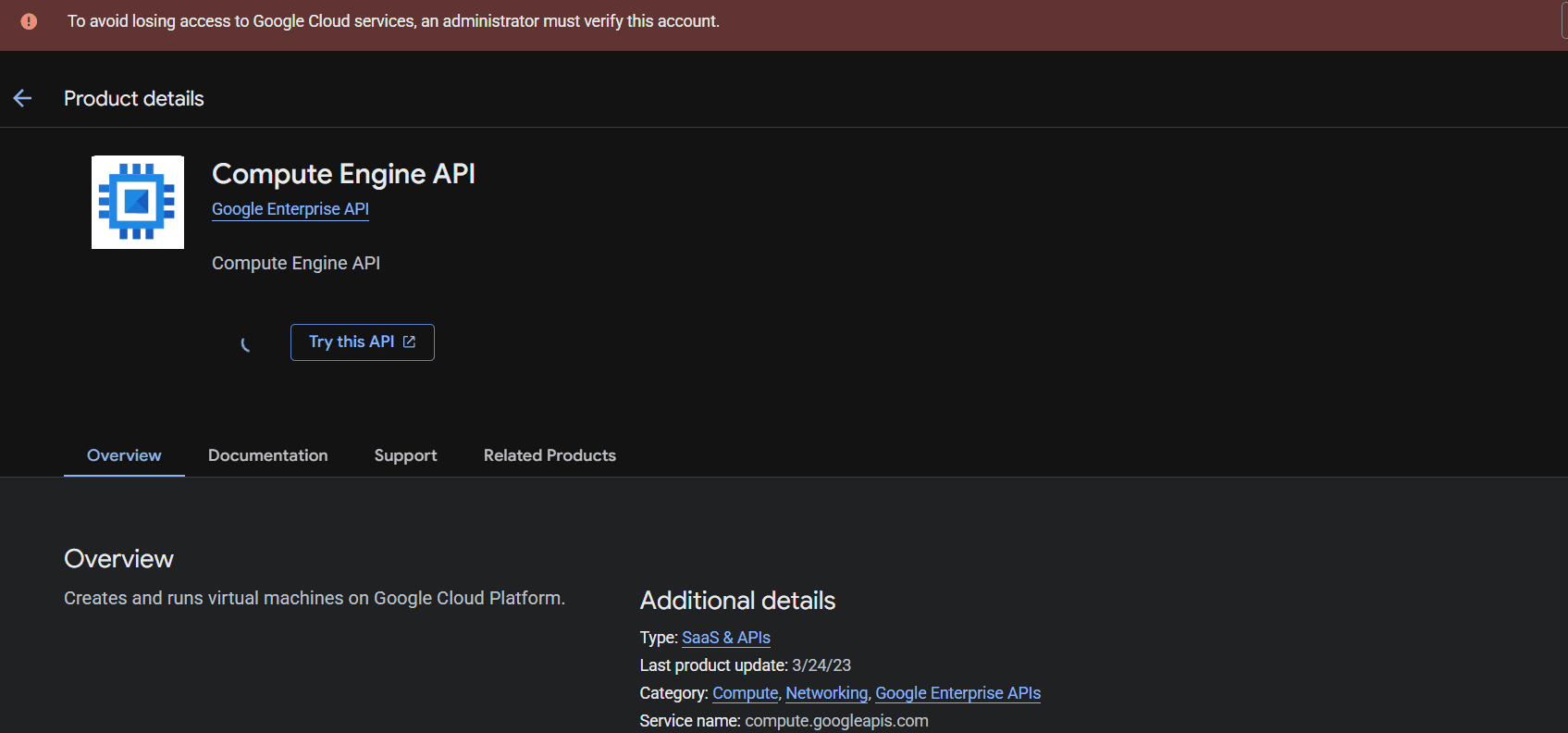Google Cloud Compute Engine API page with an administrator verification warning