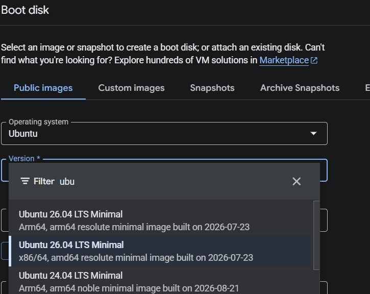 Google Cloud boot disk selector showing Ubuntu images