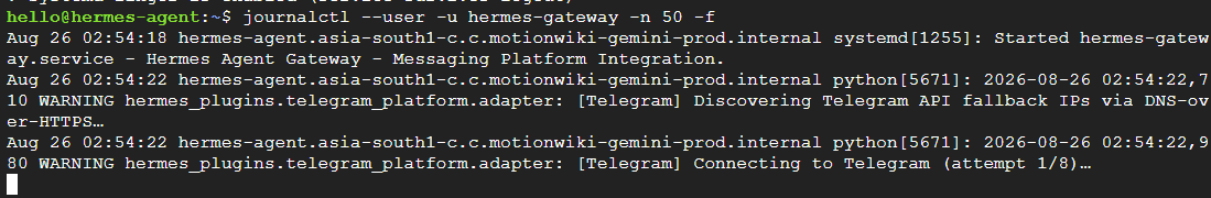 Hermes gateway logs showing a Telegram connection attempt