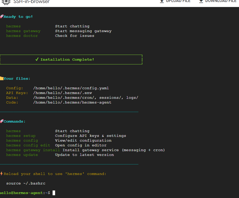Hermes terminal showing installation complete and available commands