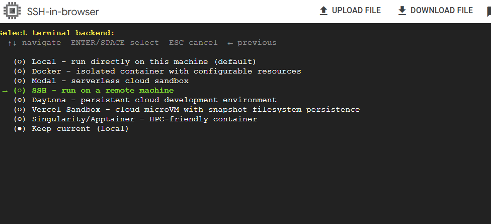 Hermes setup menu with SSH selected as the terminal backend