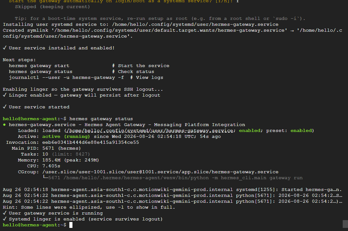 Hermes terminal showing the gateway systemd service and linger enabled