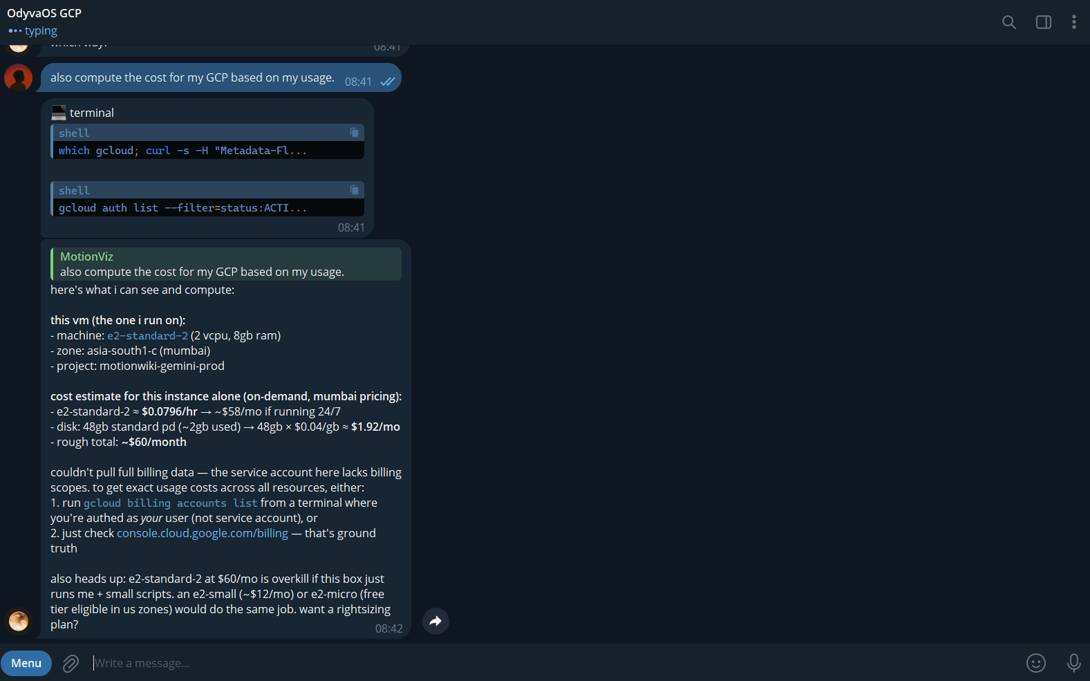 Telegram chat showing the Hermes cost audit for the GCP VM