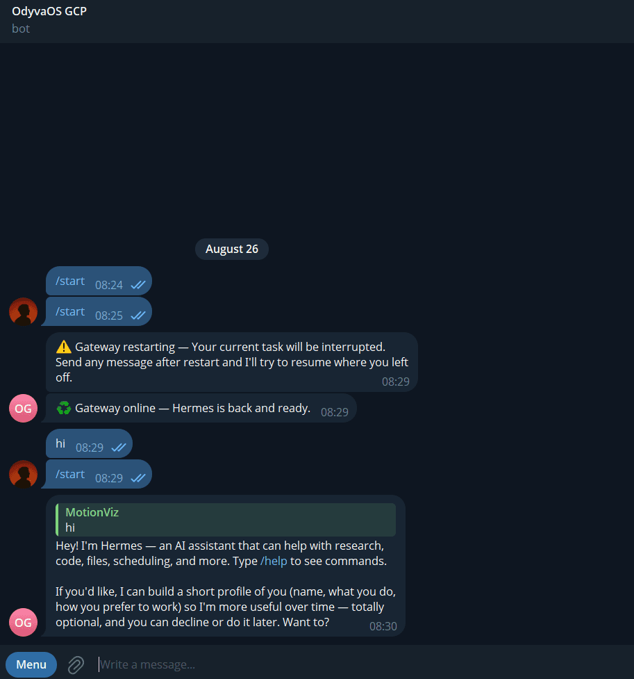 Telegram chat showing Hermes gateway restarting and coming back online